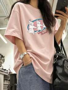 Women's Round Neck Short Sleeve T-Shirt, Summer New Cartoon Cat Pattern & Letter Print, Fashion Casual Versatile Loose Fit Top - Light Pink - View 10