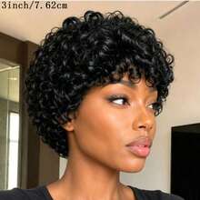 AMECIRE Pixie Cut Wig Black Curly Wig Short Hair Wig Human Hair Wigs Wigs For Women With Bangs Fluffy Shape Suitable For All People - Natural Black - View 5