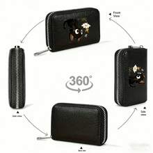 Cute Black Cat & Daisy Butterfly Print PU Leather Zipper Wallet, Women's Mini Card Holder & Coin Purse - Multicolor - View 7