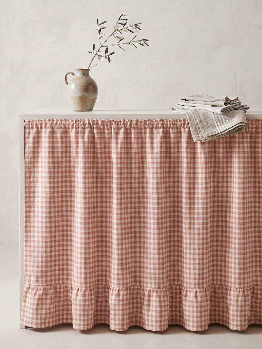 1pc Khaki White Plaid Table Skirt, Warm Natural Style, Rectangular With Ruffle Edge And Pleated Details, Concealing Storage And Decorative Function, Suitable For Home Storage And Indoor Decor Scenes - Khaki - View 1