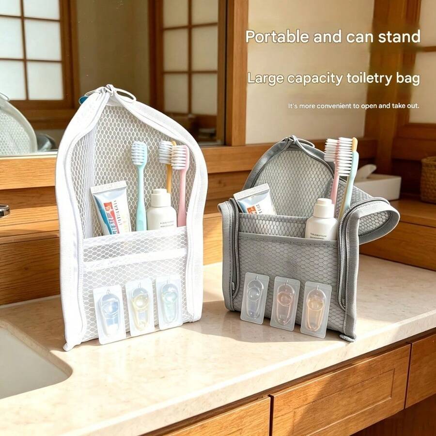 1pc Standing Toiletry Bag, Portable Lightweight Travel Wash Bag, Large Capacity Mesh Makeup Bag, Foldable Transparent Hanging Toiletry Bag, Suitable For Camping, Fitness, Unisex Travel Storage Accessory - Multicolor - View 1