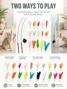 7Alas 23Pcs Interactive Cat Teaser Wand Set With Detachable Feather & Bell Replacement Heads, Suction Cup Handheld Dual-Mode Indoor Hunting Exercise Toys For Kittens And Adult Cats, Self-Play Or Owner Bonding - View 4