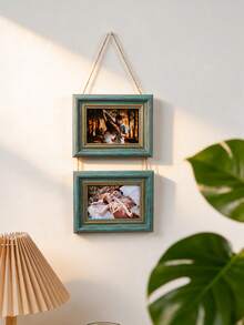 1pc Rustic Distressed Teal Wooden Hanging Collage Photo Frame Set, Rope Chain Connected Multi-Hole Wall Hanging Photo Frame, Vintage Gold Frame, Suitable For Family And Couple Photos, Bedroom Living Room Gallery Wall Home Decor - Green - View 8
