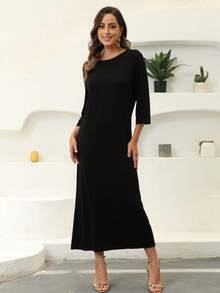JINLICX Black Round Neck 3/4 Sleeve Loose Fit Floor Length Maxi Dress For Daily & Party - Black - View 5