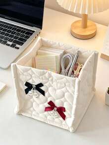 Heart Quilted Fabric Storage Basket With Pearl Bow, Desktop Cosmetic Organizer, Cute Bow Storage Box, Makeup Brush Holder, Stationery Organizer, Sweet Room Decor Box, Suitable For Dormitory Bedroom Cosmetic And Miscellaneous Storage, Back To School Dorm Essentials, Birthday Gift - Multicolor - View 6