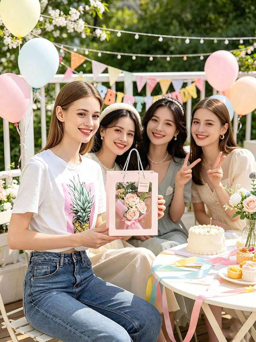 1pc Transparent Window Gift Bag, Transparent Bouquet Gift Bag, Suitable For Girlfriend, With Handle, Suitable For Birthday Party Gift, Small Transparent Gift Packaging Bag, Transparent Tote Bag, Reusable Shopping Bag With Handle - Multicolor - View 1