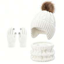 3pcs 2-8 Years Old Boys Girls Warm Outfit Set, Single Ball Double Ball Cute Winter Children Solid Color Hat Set - Multicolor - View 13