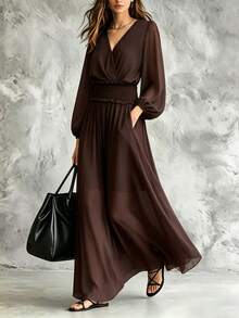 Gaun Panjang Chiffon Warna Kopi Polos Elegan, Leher V, Lengan Panjang dengan Hiasan Kelopak Bunga, Pinggang Tinggi dengan Karet Ruffle, Gaun Wanita yang Mengalir - Kopi - View 6