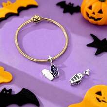1pc Silver-Plated Halloween Theme DIY Beaded Accessory, Pumpkin, Haunted House, Coffin, Skull, Ghost Multiple Pendant Styles, Vintage Distressed Enamel Craft, Compatible With Snake Chain Bracelet And Necklace Assembly, Holiday Atmosphere Handmade Accessory Parts - Multicolor - View 6