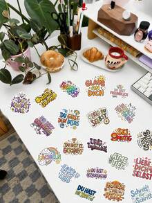 50Pcs ColorfulGerman Motivational Phrase Stickers, Positive Affirmation Text Decorative Decals, Aesthetic Stickers For Journaling, Tablet, Water Bottle, DIY Craft Decoration - Multicolor - View 3