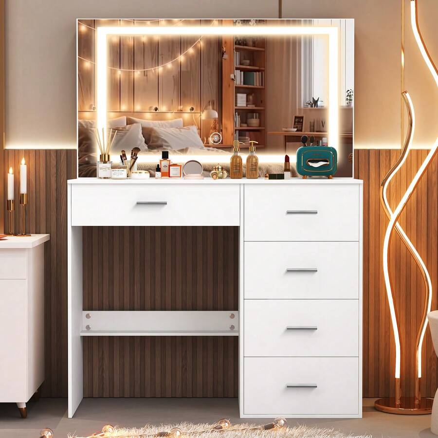 Large Dressing Table 5 Drawers Make Up Desk Set With LED Mirror Vanity Table - White - View 1