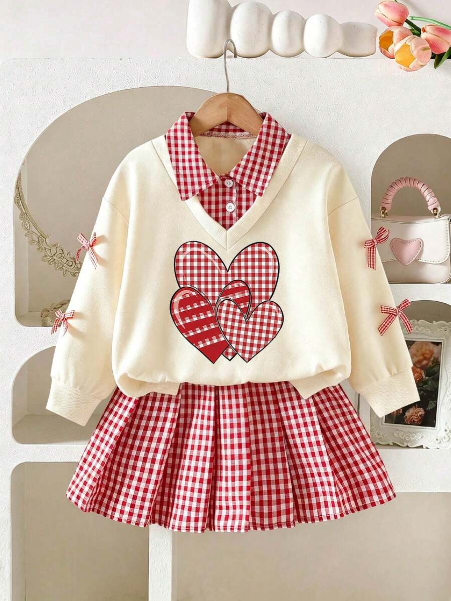 Tween Girl Cartoon Print 2 In 1 Long Sleeve Top And Plaid Skirt for ...