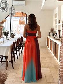 Gradient Hollow Out Bandeau Flowy Elegant Women's Maxi Dress, Suitable For Beach Vacation And Evening Party Wedding Fall - Orange - View 2