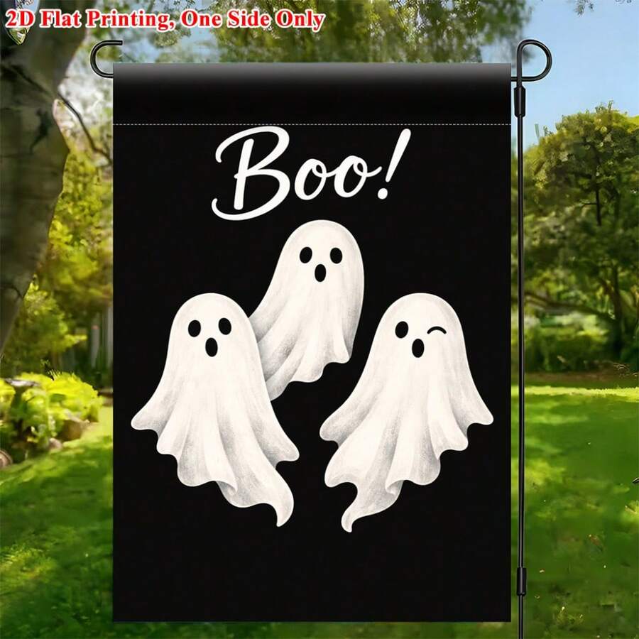 1pc 2D Flat Printed Garden Flag, Halloween Ghost Happy - Single-Sided Print, Durable Polyester Outdoor Decor, Suitable For Home And Yard, Holiday Decoration, 11.8X17.7 Inches, Pole Not Included