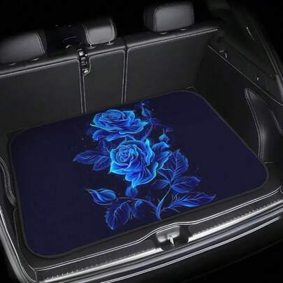 1pc Car Trunk Mat, Waterproof Anti-Slip Dust-Proof Cargo Liner, Unisex, Vehicle Rear Trunk Interior Decoration, Shiny Blue Rose Floral Pattern, Universal Trunk Protector Mat