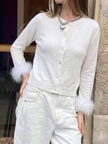Live To Mo Y2K Women's White Knitted Cardigan Feather Decorative Long Sleeve Sweater Coat Suitable For Autumn Back To School, Date, Daily Dressing - Off White - View 7