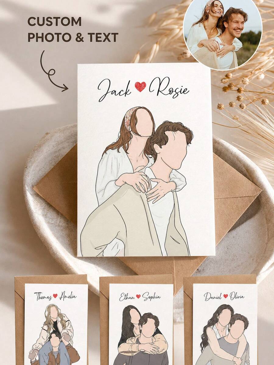 1pc Customized Watercolor Couple Portrait Greeting Card, Personalized Photo Line Art Card With Customized Name, Minimalist Couple Illustration Card, Anniversary Valentine's Day Greeting Card, Paired With Kraft Paper Envelope. - Multicolor - View 1
