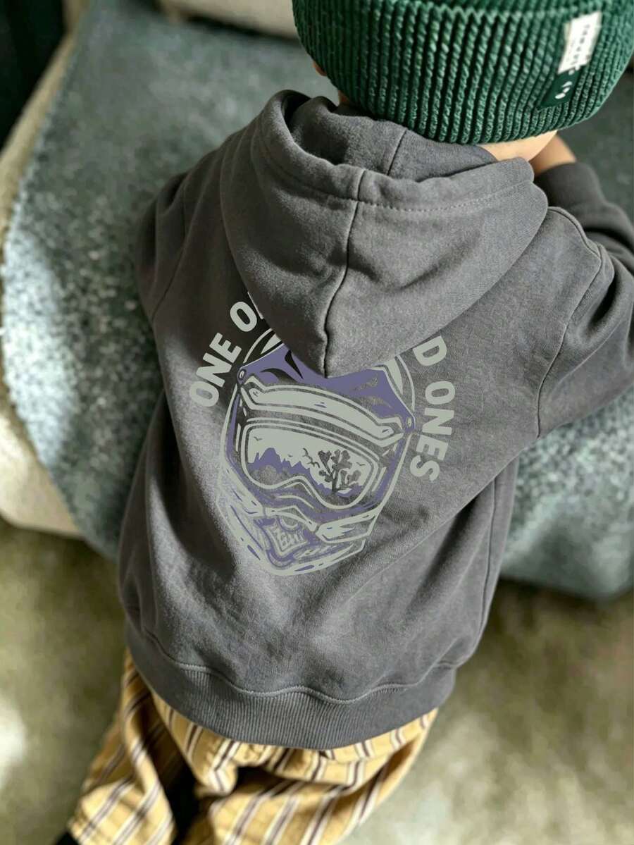Young Boy Funny Print Pullover Sweatshirt, Warm & Comfortable Thermal-Lined Pullover Sweatshirt For Autumn/Winter - Dark Grey - View 1