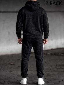 Vintage Washed Distressed Hoodie & Jogger Sweatpants 2 Pieces Set For Men, Casual Daily Wear - Black - View 2