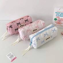 Fashionable Large Capacity Bowknot Pencil Case With Flowing Ribbon At Zipper, 3 Fresh Color Options, Suitable For Student Stationery Storage, Desktop Organization, Practical And Versatile - A - View 2