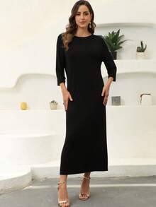 JINLICX Black Round Neck 3/4 Sleeve Loose Fit Floor Length Maxi Dress For Daily & Party - Black - View 3
