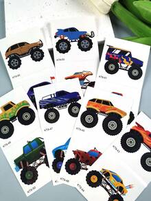 14 piezas Pegatinas de tatuaje temporal de coche de carreras de dibujos animados, resistentes al agua & de larga duración, para fiesta de vacaciones - Multicolor - Ver 9