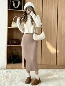 Women's Elegant Solid Color 2-Piece Set: High Neck Sweater + Skirt, Casual Office Work School Style Daily Wear, Home & Date Fall - Khaki - View 3