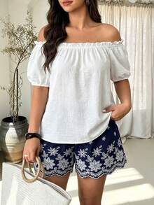 Plus Size Women's Spring/Summer Casual Commute Set, Matching Top And Bottom, Contrast Color Dual-Tone Cotton Fabric With Embroidery - Multicolor - View 2
