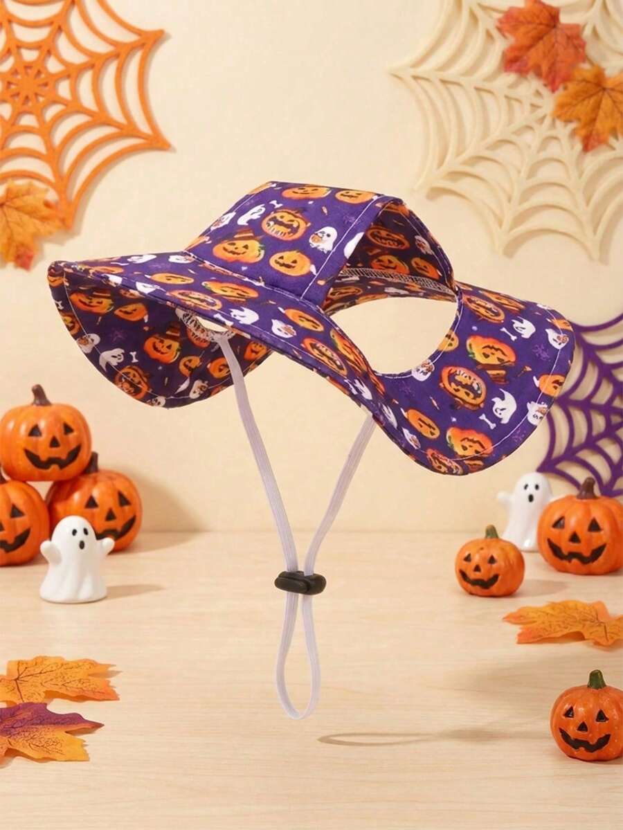 Topi Matahari Poliester Bergaya Halloween dengan Motif Hantu dan ; Dirancang dengan Lubang Telinga dan Tali Pengikat yang Dapat Diatur. Cocok untuk Anjing Kecil hingga Sedang, Anak Anjing, dan Kucing; Cocok untuk Digunakan di Luar Ruangan Sepanjang Musim. - Purple - View 1