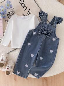 Baby Girl's 2pcs Set: Heart Embroidery Ruffle Pocket Denim Bib Pants + White Ribbed Long Sleeve T-Shirt, Preppy Style - White - View 3