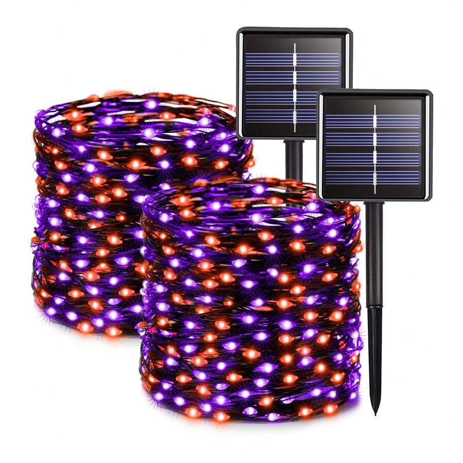 1pc/2PCS Halloween Decoration Solar 120LED Purple And Orange Fairy String Lights, 8 Modes Of Solar Flashing Fairy Lights, Outdoor Courtyard Party Halloween Decoration, Waterproof Copper String Lights - Solar Orange and Purple String Lights - View 1