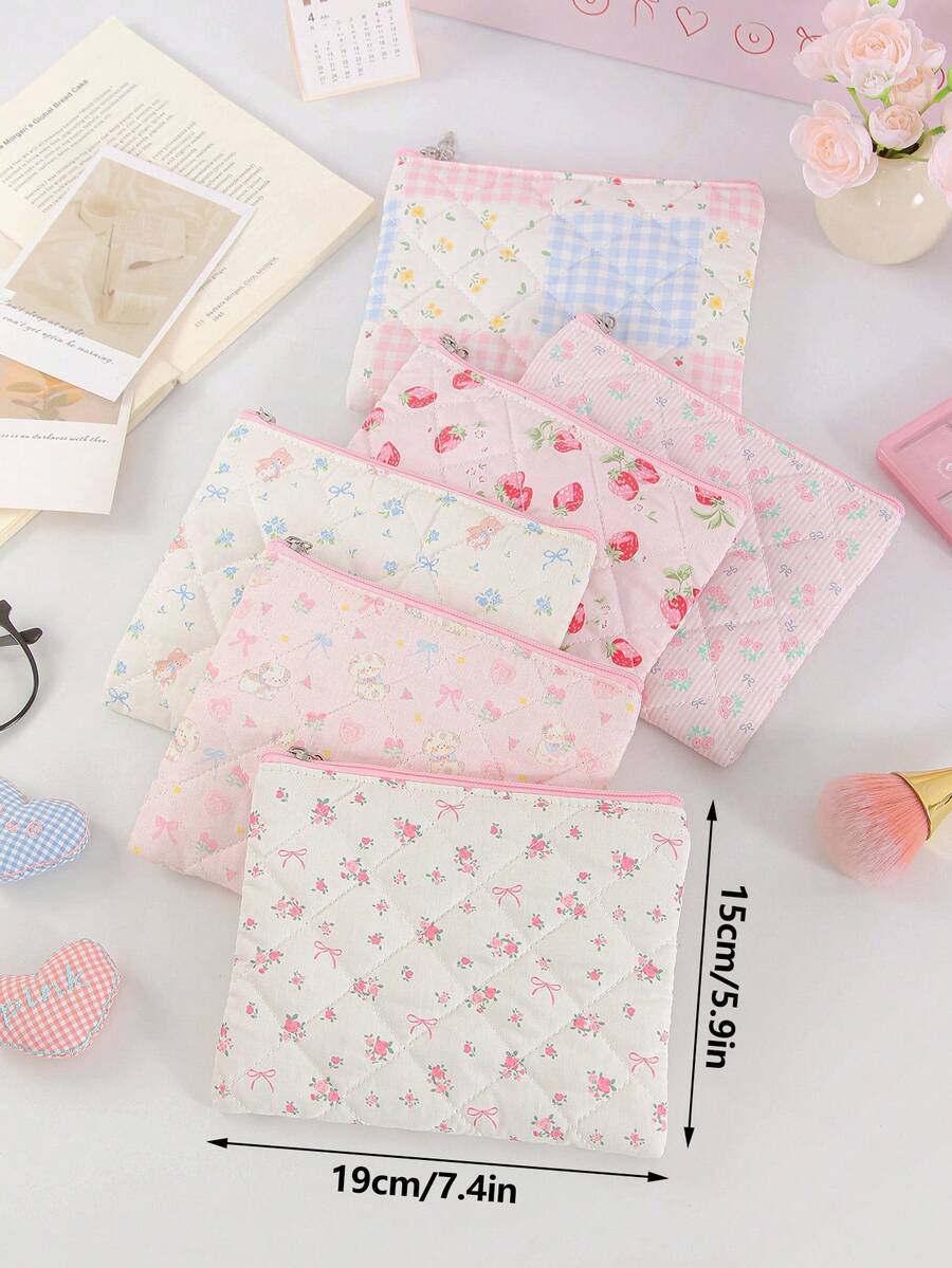 Quilted Floral Make Up Bag Zipper Pouch Travel Toiletry Bag Multi-Functional Skincare Storage Bag, Women's Sanitary Pad Storage Bag, Gift For Mom Or Girlfriend, Student Pencil Case - View 1