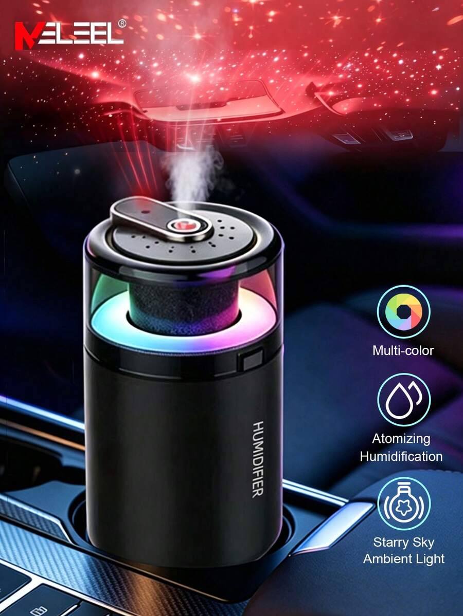 KELEEL 3合1智能車用香氛擴香機，附星空投影，多種操作模式（加濕器+香氛+氛圍燈），車用空氣清新機，精油擴香機，自動啟動/停止，彩色LED環形燈，USB供電，適用於汽車/辦公室/浴室/臥室/寵物房 - [3合1]星空燈+LED氣氛燈+香薰加濕器 - 查看 1