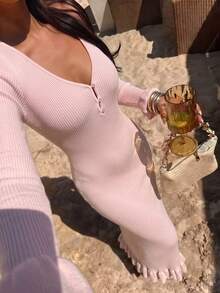 ALA Women's Autumn Light Nude Pink Deep V-Neck Hollow Out Frog Button Long Sleeve Knit Dress, Street Style Dating Vacation Slimming Elastic Fall - Pink - View 1