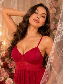 Spring/Autumn Lace Patchwork Ruffle Wide Leg Pajamas, Romantic Ruffle Women's Sleepwear, Sexy V-Neck Pajama Set Loungewear, Valentine's Day - Red - View 3