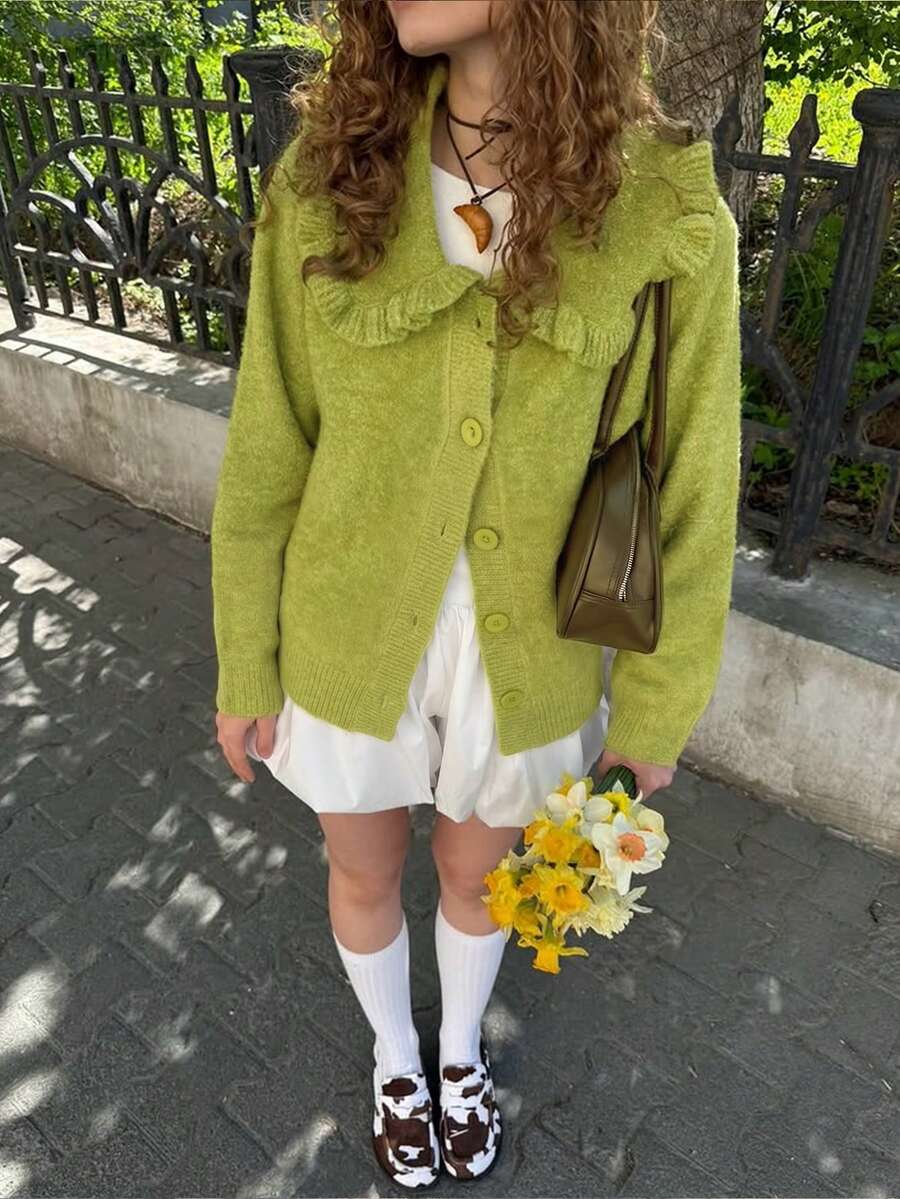 Women's Green Short Knit Cardigan With Large Ruffle Collar And Buttons, Suitable For Garden, Street, Daily Casual, Autumn/Winter Wear - Green - View 1