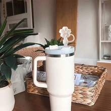 3pcs White Begonia Flower Straw Caps, Reusable Multi-Color Flower Shape, Cup & Straw Accessories, Dust-Proof & Daily Use - White - View 2