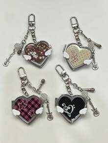 1pc Korean Vintage Heart With Small Wings Mirror Bag Charm, Ins Style Music Note Guitar Pendant, Portable Heart-Shaped Small Mirror Keychain - Multicolor - View 3