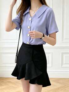 Fashionable Long Sleeve Design Satin Shirt, Solid Color Polyester, Front Button Closure Summer - Light Wash - View 4