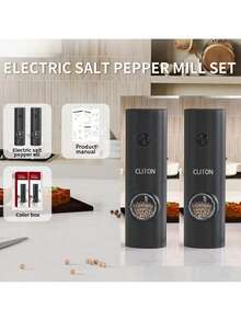 CLITON 1 Set Molinillo eléctrico de sal y pimienta con base de almacenamiento, a pilas, molienda automática, luz LED, ajuste de grosor, operación con un solo toque, material ABS, compañero de cocina, set negro, incluye cepillo de limpieza - Negro - Ver 11
