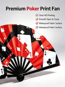 Poker Card Ace Print Folding Hand Fan, Large Size Waterproof Fabric, Loud Snap Sound, Printed With Poker Card Pattern, Foldable And Portable, Suitable For Music Festivals, Nightclubs, Parties As Fashion Accessory - Multicolor - View 4