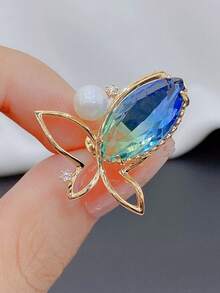 1pc Anti-Exposure Brooch For Women, Elegant Blue Pearl Butterfly Brooch Pin Accessory - Gold - View 2