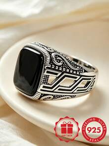925 Sterling Silver Antique Style Wide Band Ring For Men, Featuring Exquisite Black Onyx Inlay Design, Combining Artistic Elegance And Versatility, Suitable For Daily Wear And Formal Occasions - Silver - View 4