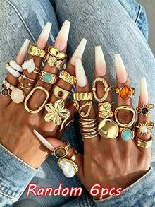 Random 6/16/23pcs Fashion Old Money Style Rings Set, Vintage Old Money Style Irregular Geometric Pattern Faux Tiger Eye Stone Colorful Rhinestone Oil Drop Heart Flower Rings, Stackable Knuckle Rings, New Autumn/Winter Accessories Jewelry, Women's Daily Wear, Date, Party, Versatile Accessories Jewelry, Perfect Gift For Birthday, Female Friends, Halloween, Christmas - Yellow Gold - View 9