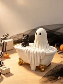 1pc Halloween Ghost Bathtub Decoration, Spooky Black Cat And White Ghost Bath Ornament With Pumpkin And Bat Pattern, Resin Gothic Style Desktop Centerpiece, Halloween Party Home Decor, Suitable For Fireplace Mantel, Windowsill, Entryway, Bedroom, Autumn Harvest Pumpkin Bat Ghost Decoration, Collectible, Unique Spooky Gift For Halloween Enthusiasts - Bathtub Ghost - View 6