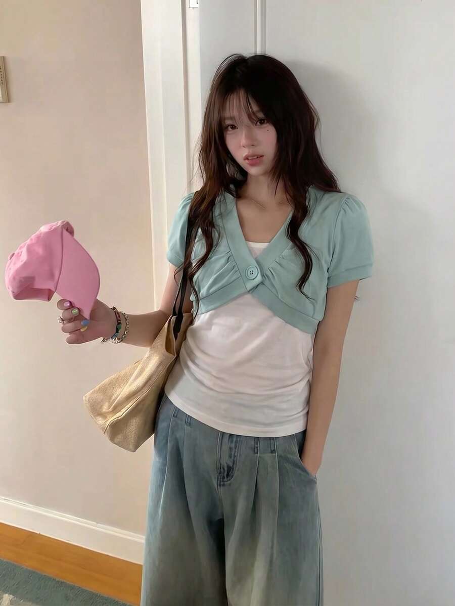 Cardigan Vest Lengan Pendek Berlapis Kancing Tunggal Gaya Korea untuk Musim Panas - Baby Blue - View 1