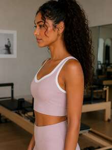 Sodalemon Women's Sports Bra Fitness Tank Top, Contrast Trim Design, Removable Padding, Wavy Neckline, Yoga Workout Tank, Gym Training Running Tank - Mauve Purple - View 8