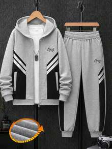 2pcs/Set Tween Boys Casual Sports Contrast Color KING Print Hoodie Sweatshirt And Contrast Color Pants Set, Spring/Autumn - Light Grey - View 6