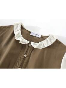 Women's Frill Trim 2 In 1 Patchwork Casual Daily Long Dress - Coffee - View 2
