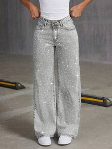 Fashionable Rhinestone Embellished Loose Wide-Leg Jeans For Teenage Girls - Light Grey - View 2